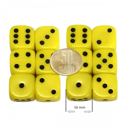 Set 12 zaruri de 16 mm, galbene, de calitate, plastic opac Set 12 zaruri de 16 mm, galbene, de calitate, plastic opac